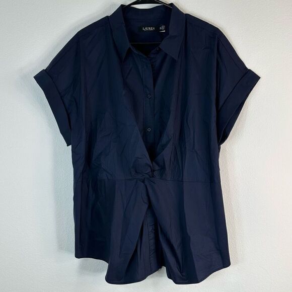 Lauren Ralph Lauren Black Label Twist Button Front Top Navy Blue Womens 2X - Picture 1 of 10